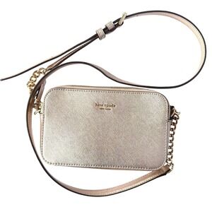 Kate‎ Spade Crossbody Bag Gold Metallic Saffiano Leather Chain Strap Purse NYE